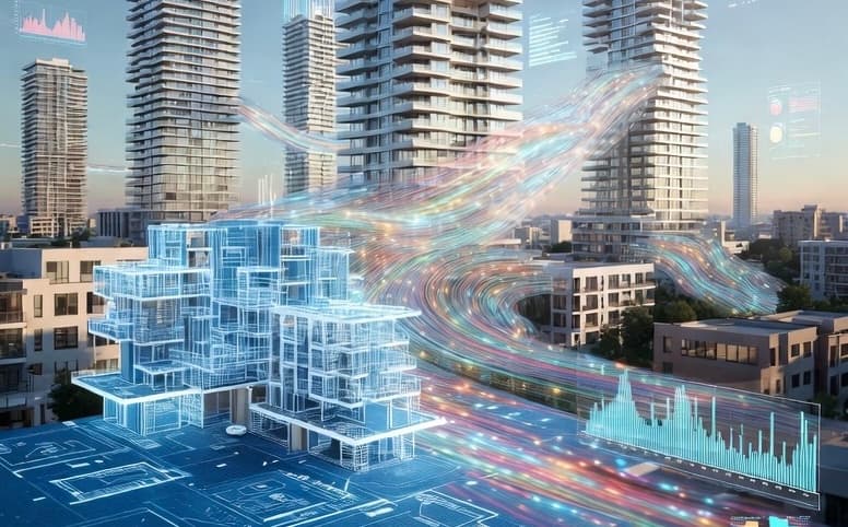 Inteligencia artificial y automatizacion empresarial - visualizacion futurista de ciudad con flujos de datos